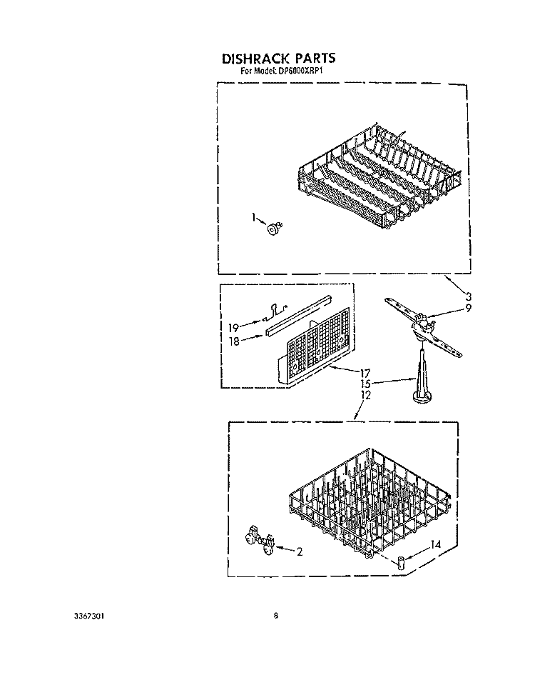 DISHRACK Diagram and Parts List for DP6000XRP1  Whirlpool Dishwasher