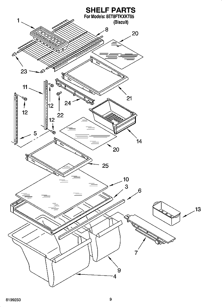 SHELF PARTS, OPTIONAL PARTS Diagram and Parts List for 8ET8FTKXKT05  Whirlpool Refrigerator