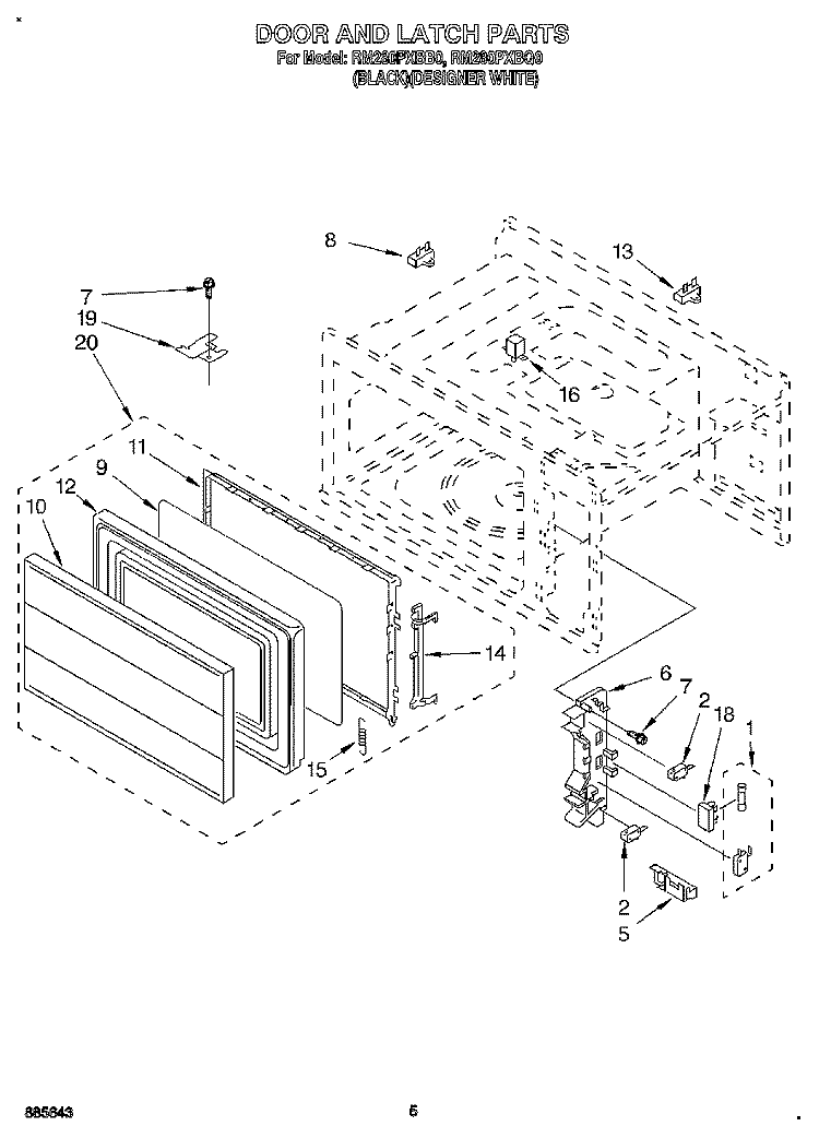 DOOR AND LATCH Diagram and Parts List for RM280PXBQ0  Whirlpool Microwave Oven Combo
