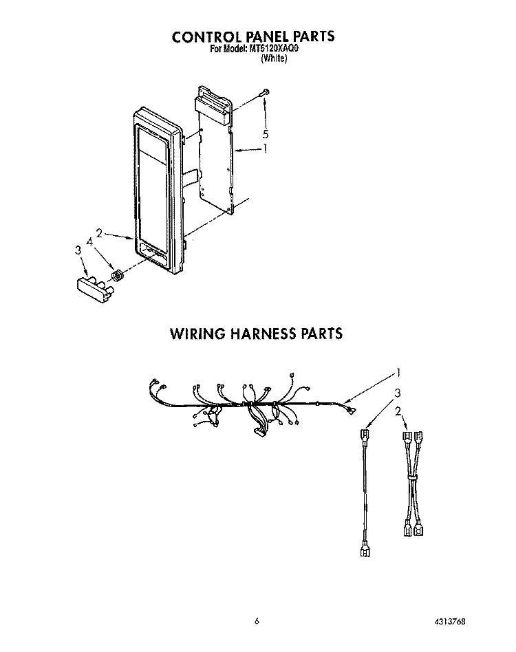 CONTROL PANEL, WIRING HARNESS Diagram and Parts List for MT5120XAQ0  Whirlpool Microwave