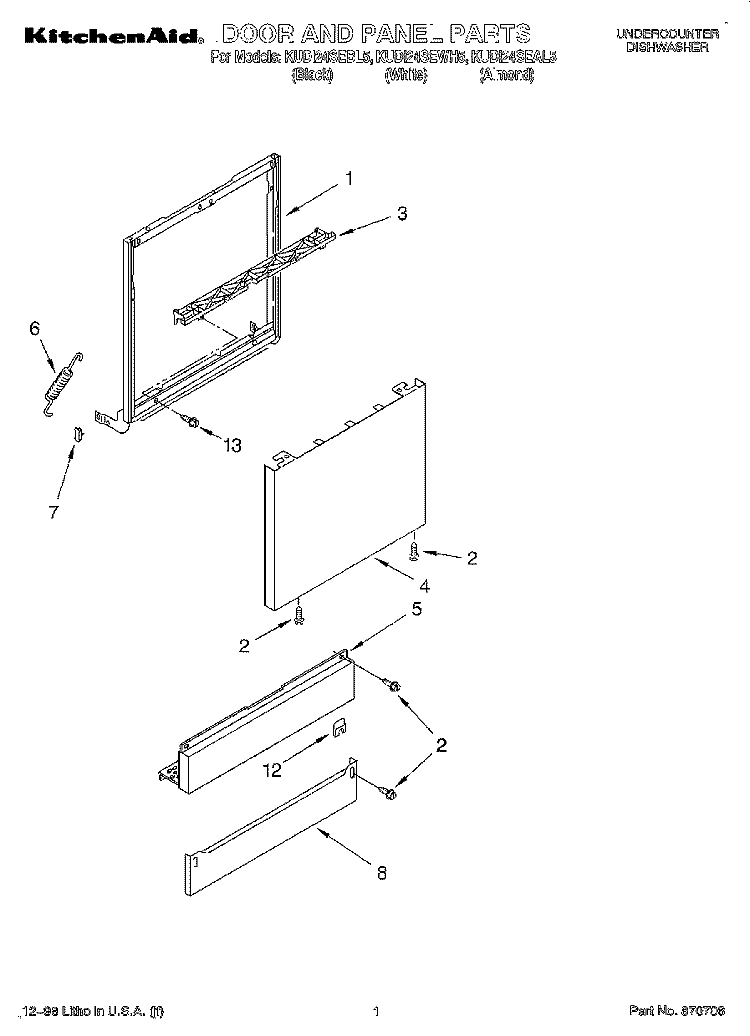DOOR AND PANEL Diagram and Parts List for KUDI24SEWH5  KitchenAid Dishwasher