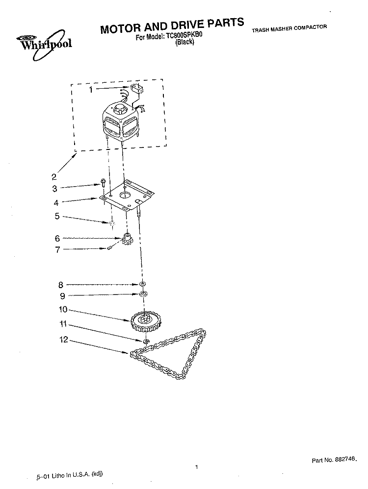 MOTOR AND DRIVE, LIT/OPTIONAL Diagram and Parts List for TC800SPKB0  Whirlpool Trash Compactor