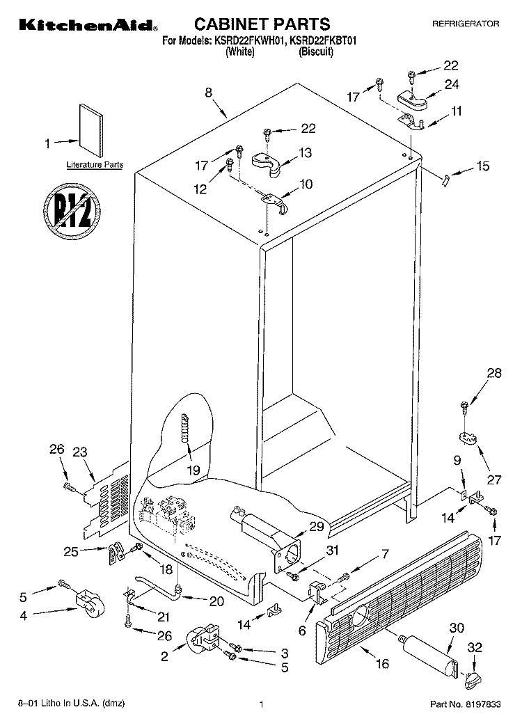 CABINET, LITERATURE Diagram and Parts List for KSRD22FKBT01  KitchenAid Refrigerator