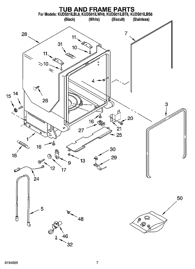 TUB AND FRAME PARTS Diagram and Parts List for KUDS01ILWH6  KitchenAid Dishwasher