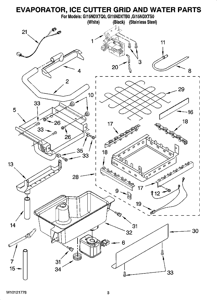 EVAPORATOR, ICE CUTTER GRID AND WATER PARTS Diagram and Parts List for GI15NDXTB0  Whirlpool Ice Maker