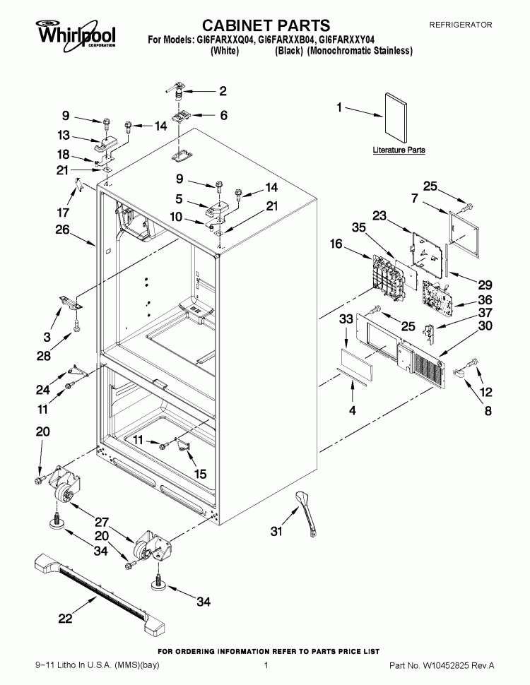 CABINET PARTS Diagram and Parts List for GI6FARXXB04  Whirlpool Refrigerator
