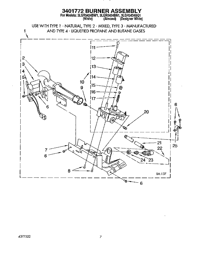 3401772 BURNER ASSEMBLY Diagram and Parts List for 3LGR5434BW1  Whirlpool Dryer