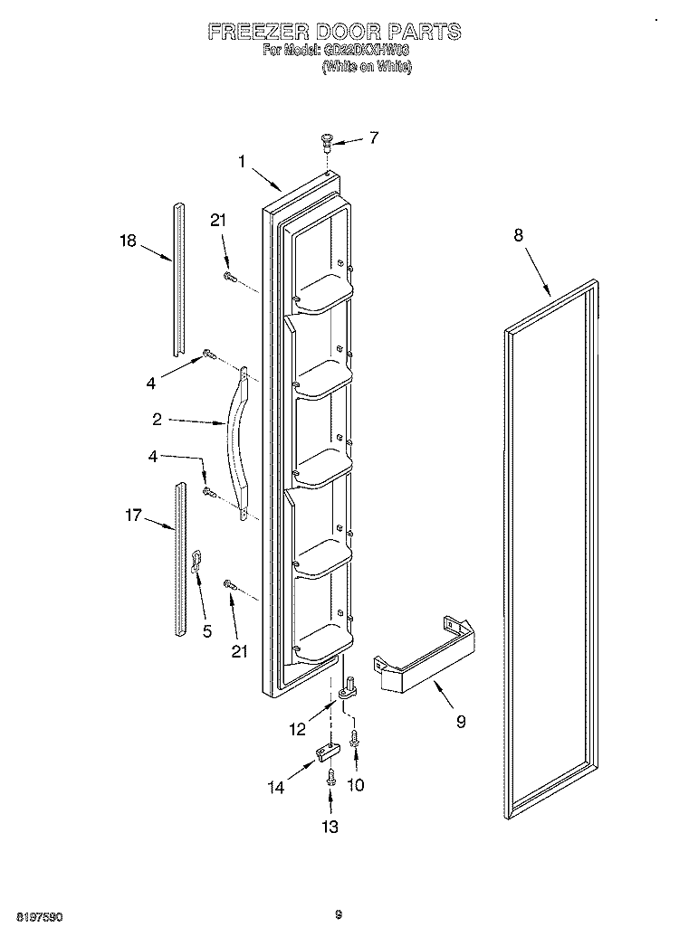 FREEZER DOOR Diagram and Parts List for GD22DKXHW03  Whirlpool Refrigerator