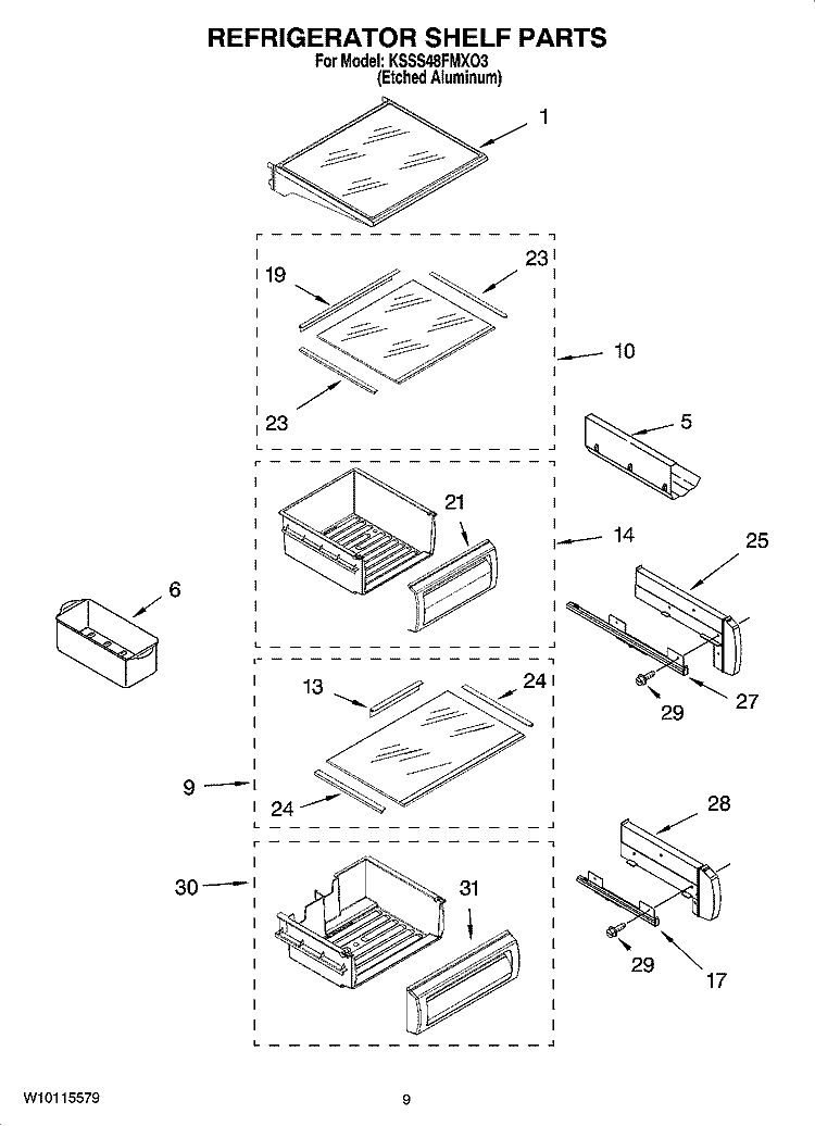 REFRIGERATOR SHELF PARTS Diagram and Parts List for KSSS48FMXO3  KitchenAid Refrigerator