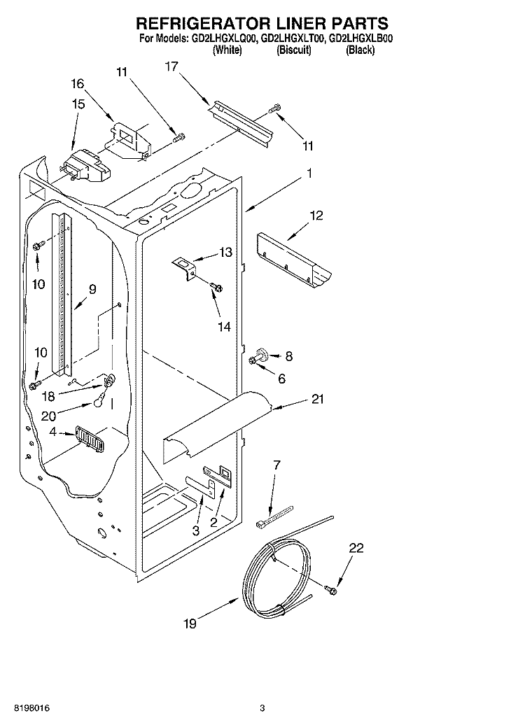 REFRIGERATOR LINER Diagram and Parts List for GD2LHGXLT00  Whirlpool Refrigerator