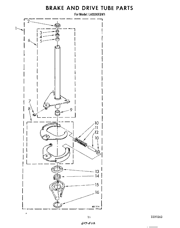 BRAKE AND DRIVE TUBE Diagram and Parts List for LA5500XSW1  Whirlpool Washer