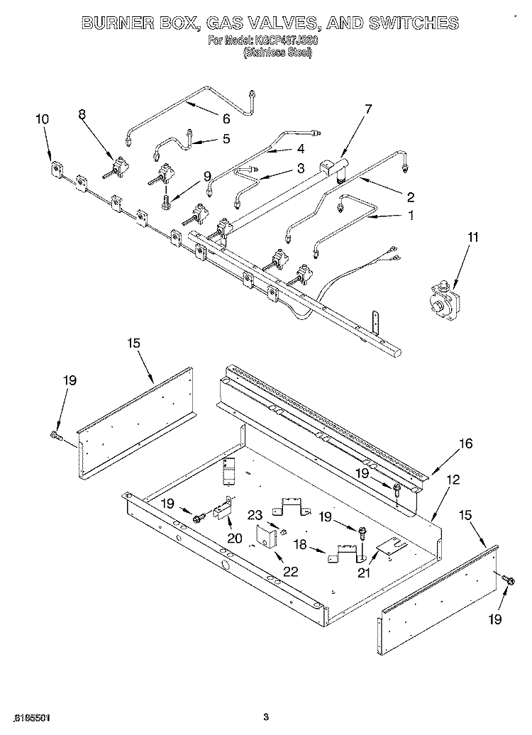 BURNER BOX, GAS VALVES, AND SWITCHES Diagram and Parts List for KGCP487JSS0  KitchenAid Cooktop