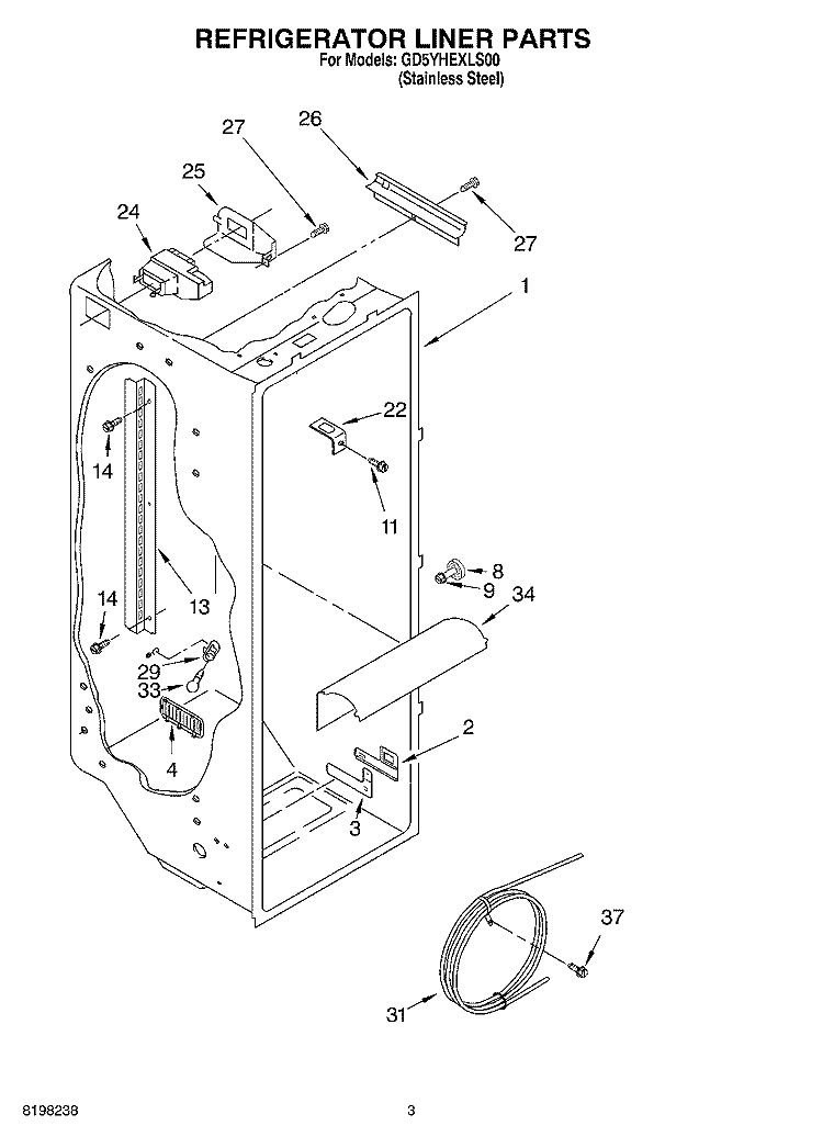 REFRIGERATOR LINER Diagram and Parts List for GD5YHEXLS00  Whirlpool Refrigerator