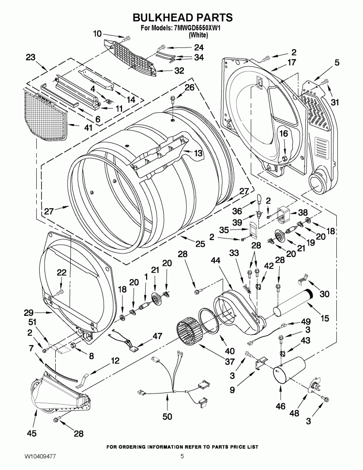 BULKHEAD PARTS Diagram and Parts List for 7MWGD5550XW1  Whirlpool Dryer