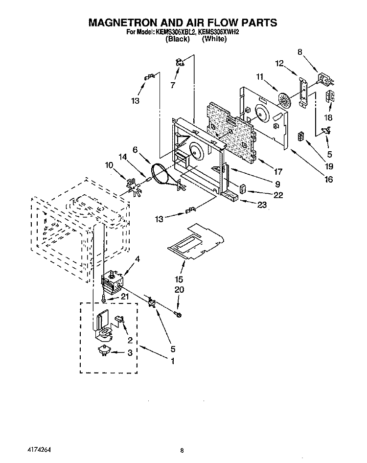 MAGNETRON AND AIR FLOW Diagram and Parts List for KEMS306XBL2  KitchenAid Wall Oven