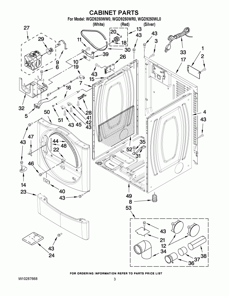 CABINET PARTS Diagram and Parts List for WGD9250WL0  Whirlpool Dryer