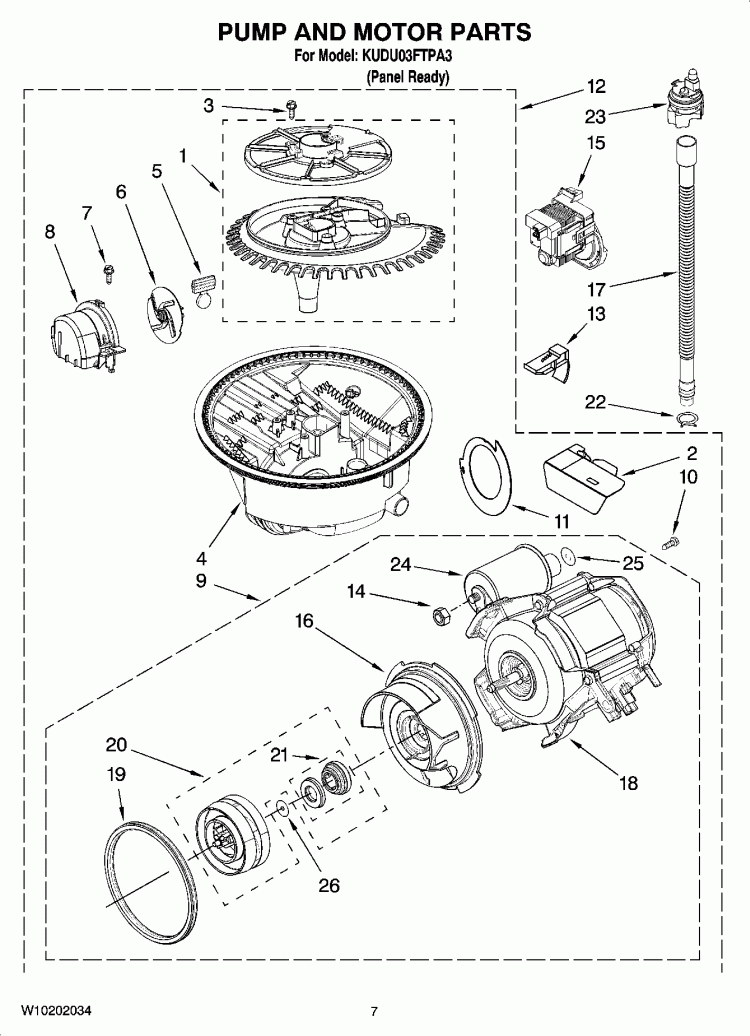 PUMP AND MOTOR PARTS Diagram and Parts List for KUDU03FTPA3  KitchenAid Dishwasher