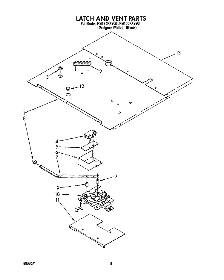 LATCH AND VENT Diagram and Parts List for RB160PXYQ3  Whirlpool Range