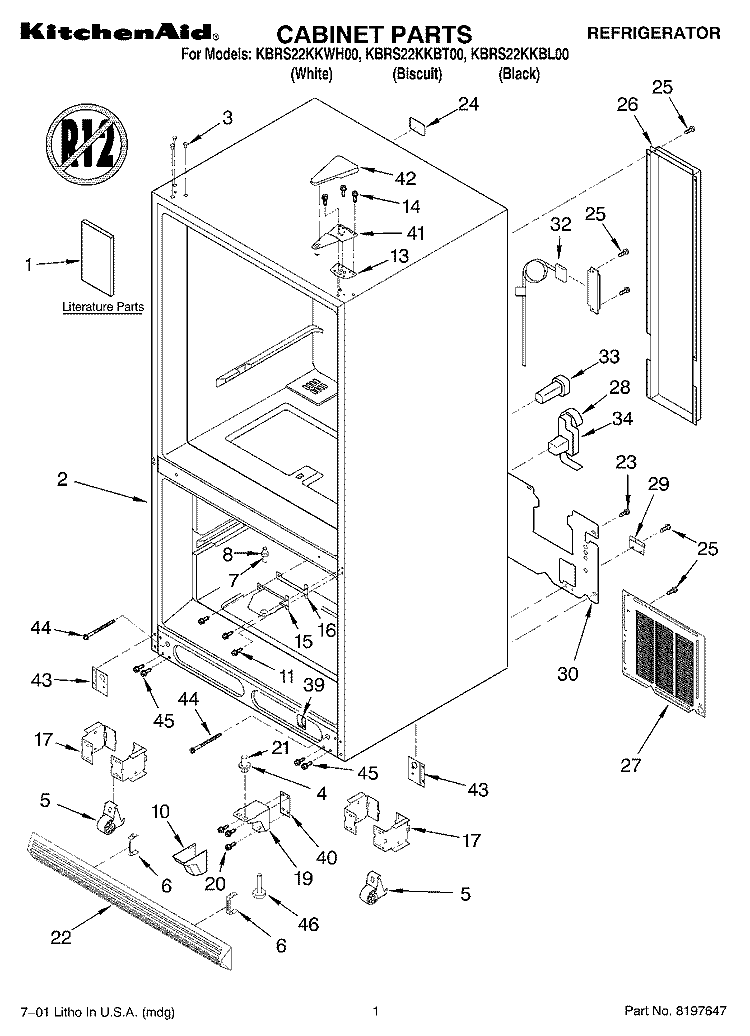 CABINET, LITERATURE Diagram and Parts List for KBRS22KKBT00  KitchenAid Refrigerator