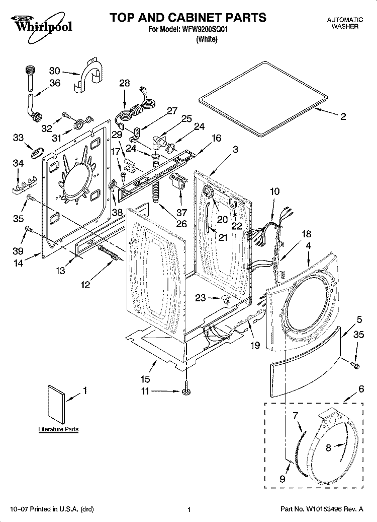 TOP AND CABINET PARTS Diagram and Parts List for WFW9200SQ01  Whirlpool Washer