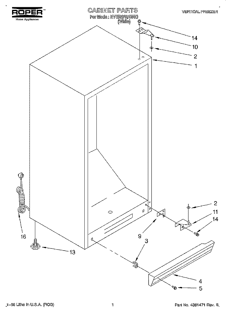 CABINET Diagram and Parts List for RV15EFRAW00  Roper Freezer