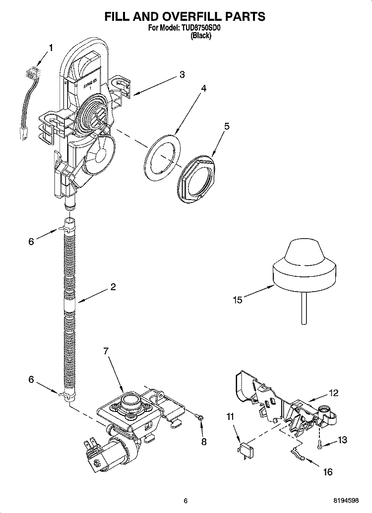 FILL AND OVERFILL PARTS Diagram and Parts List for TUD8750SD0  Estate Dishwasher