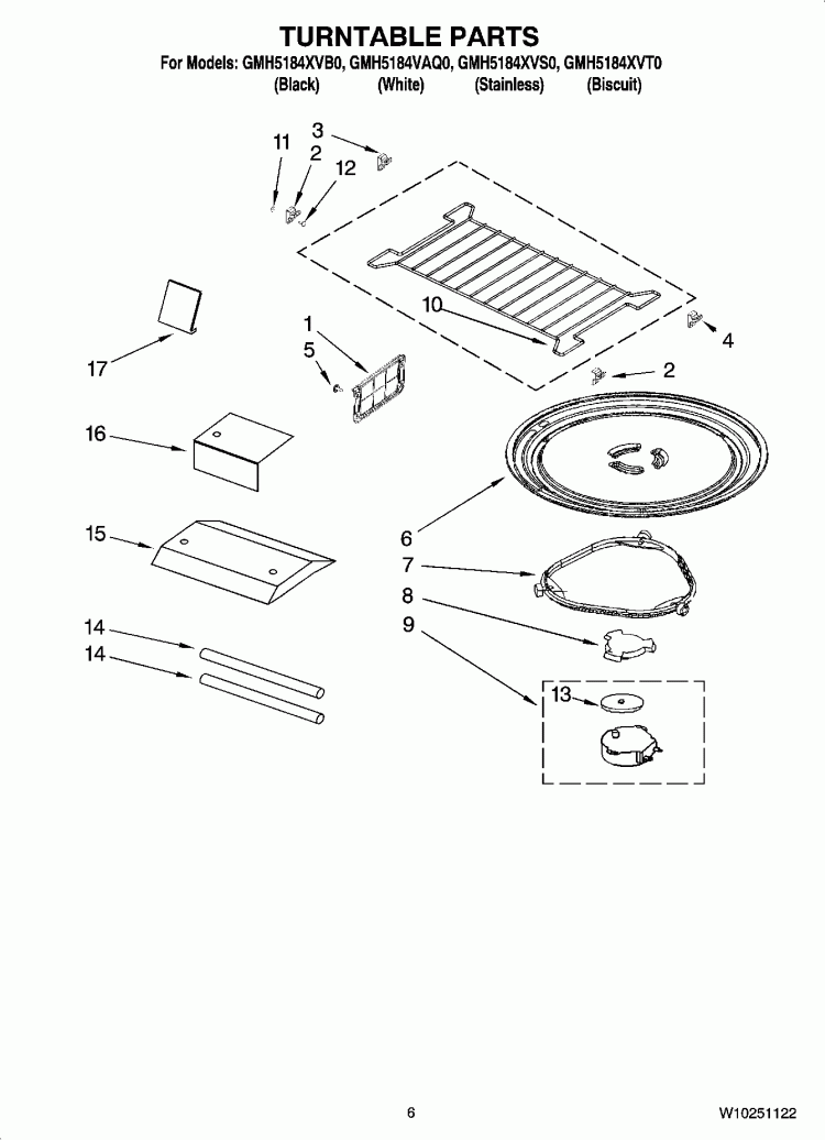 TURNTABLE PARTS Diagram and Parts List for GMH5184VAQ0  Whirlpool Microwave