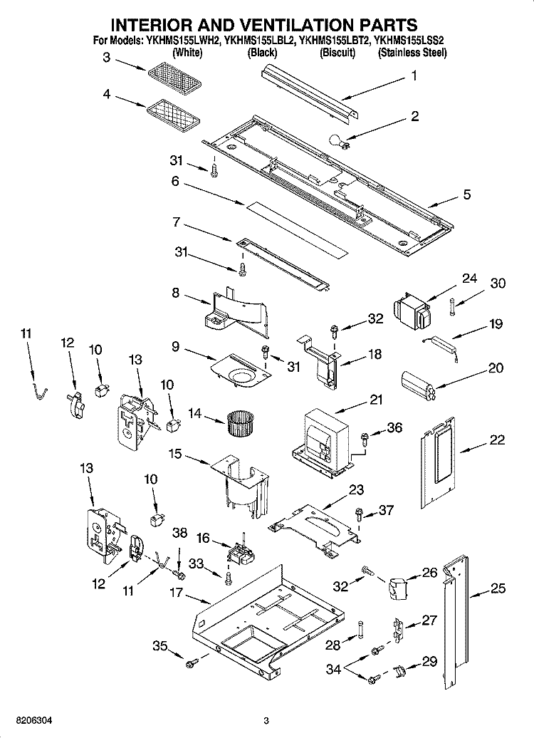 INTERIOR AND VENTILATION PARTS Diagram and Parts List for YKHMS155LBL2  KitchenAid Microwave