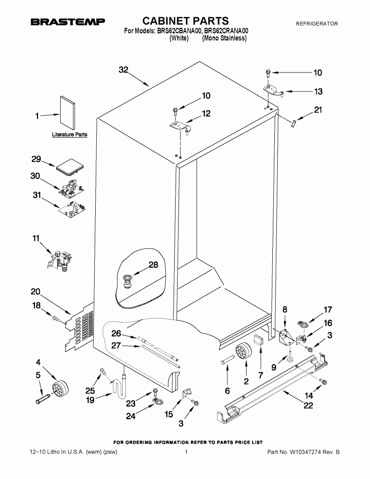 CABINET PARTS Diagram and Parts List for BRS62CRANA00  Whirlpool Refrigerator