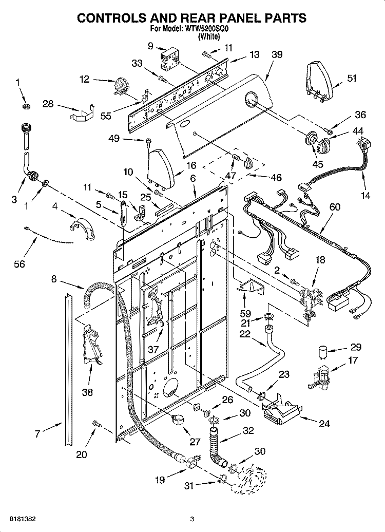 CONTROLS AND REAR PANEL PARTS Diagram and Parts List for WTW5200SQ0  Whirlpool Washer