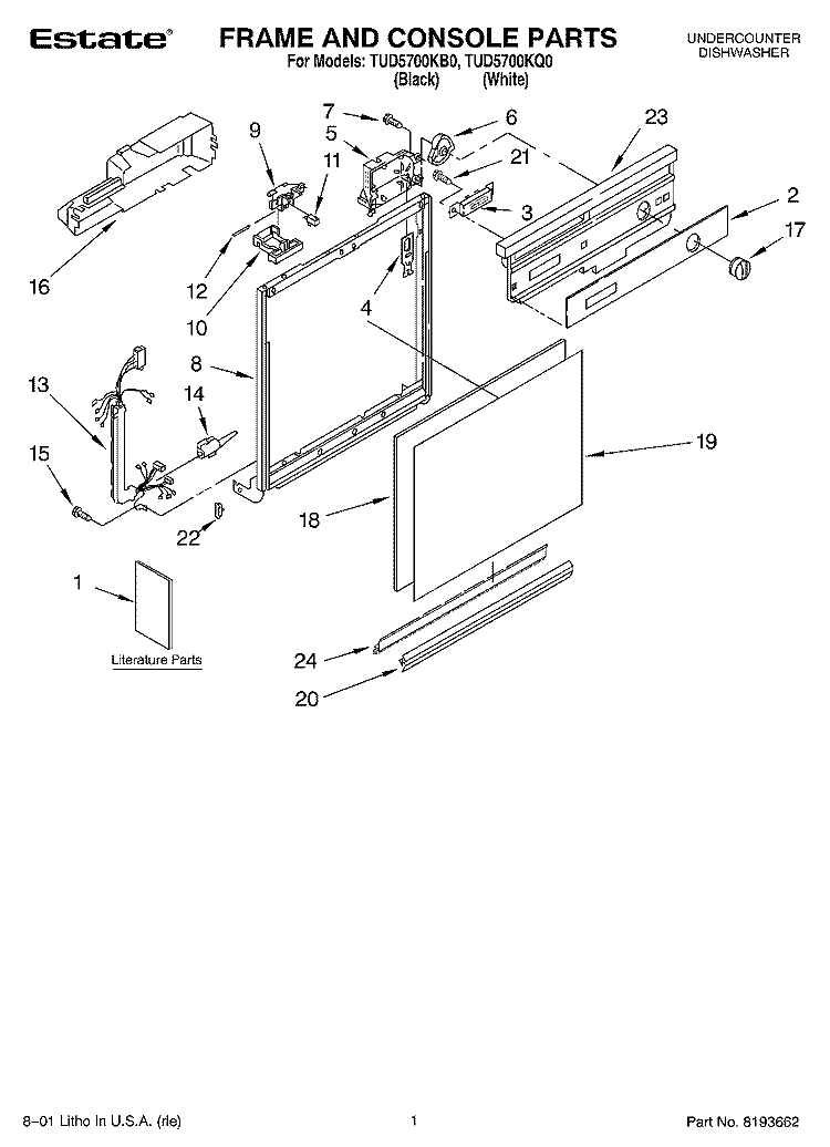FRAME AND CONSOLE, LITERATURE Diagram and Parts List for TUD5700KQ0  Estate Dishwasher