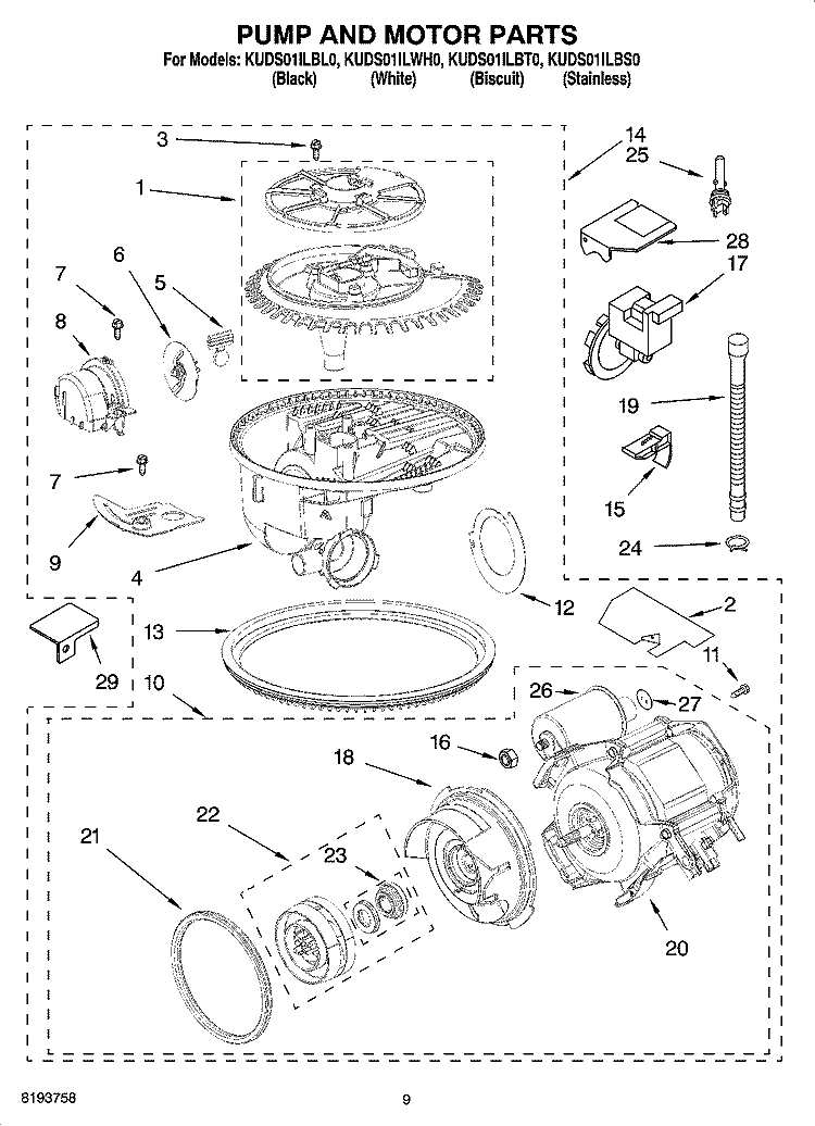 PUMP AND MOTOR PARTS Diagram and Parts List for KUDS01ILWH0  KitchenAid Dishwasher