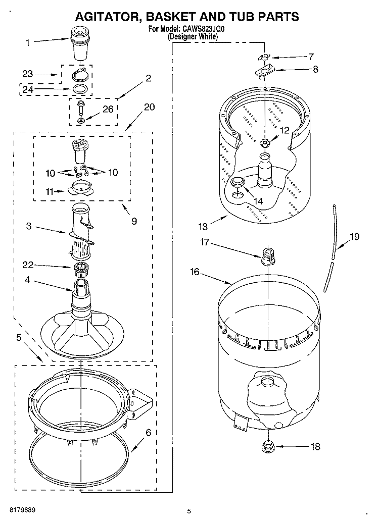 AGITATOR, BASKET AND TUB Diagram and Parts List for CAWS823JQ0  Crosley Washer