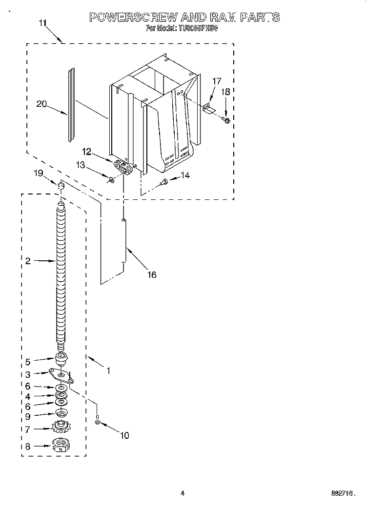 POWERSCREW AND RAM Diagram and Parts List for TU800SPHB0  Whirlpool Trash Compactor