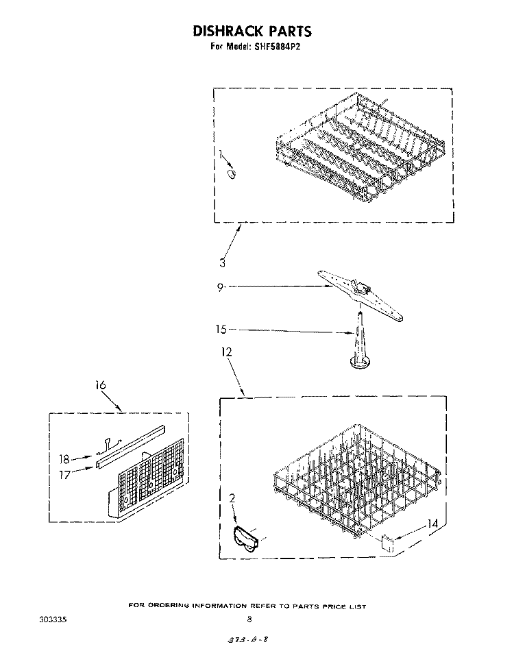 DISHRACK Diagram and Parts List for SHF5884P2  Whirlpool Dishwasher