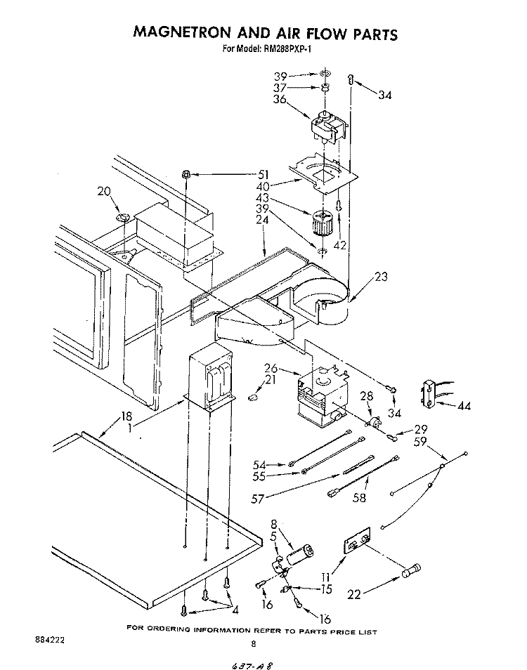 MAGNETRON AND AIR FLOW Diagram and Parts List for RM288PXP1  Whirlpool Microwave Oven Combo