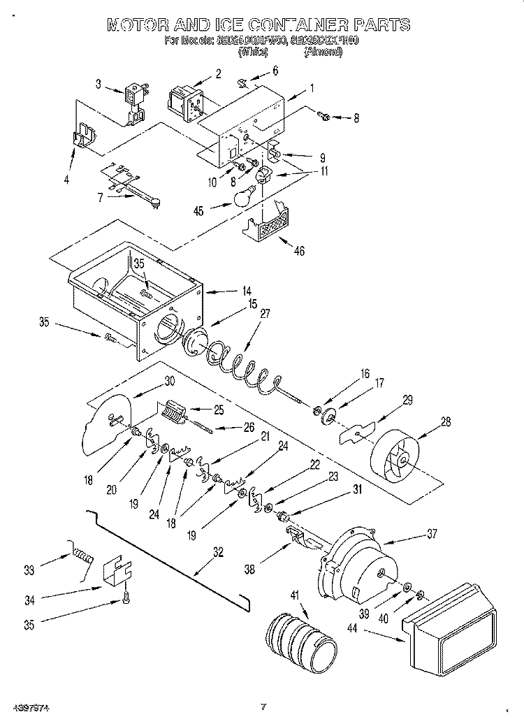 MOTOR AND ICE CONTAINER Diagram and Parts List for 8ED25DQXFW00  Whirlpool Refrigerator