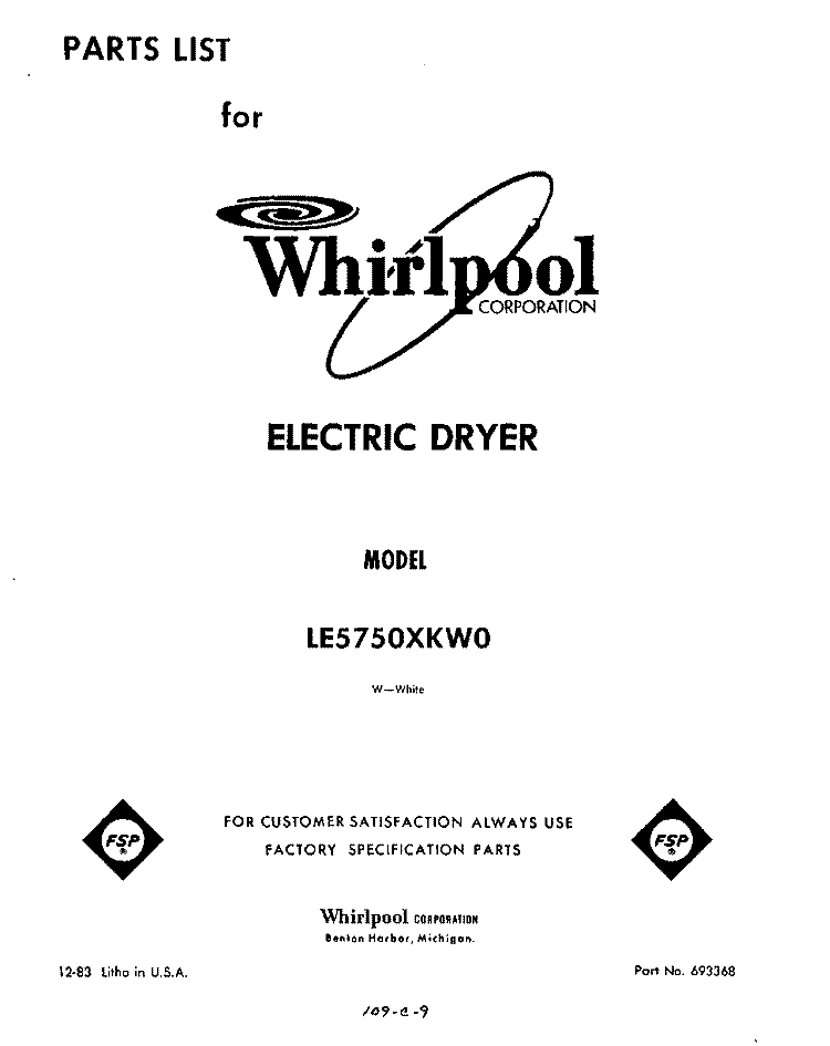SECTION Diagram and Parts List for LE5750XKW0  Whirlpool Dryer