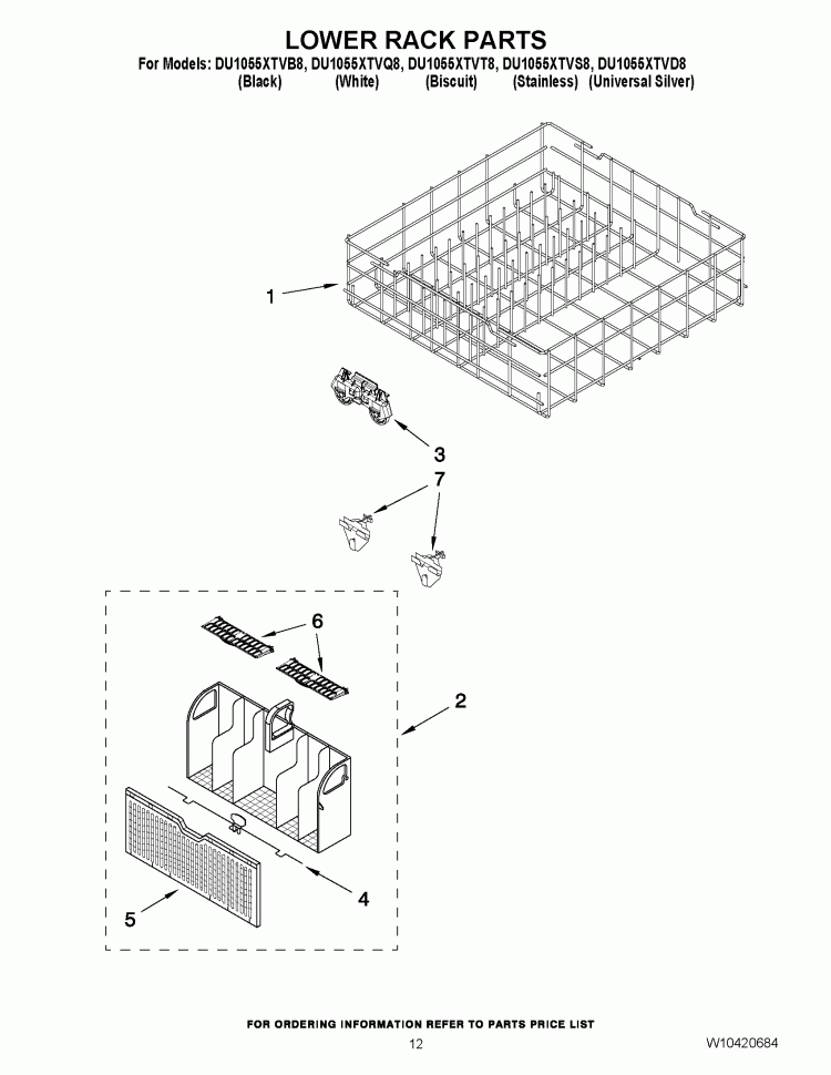 LOWER RACK PARTS Diagram and Parts List for DU1055XTVD8  Whirlpool Dishwasher
