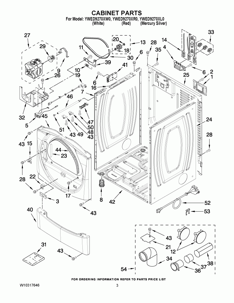 CABINET PARTS Diagram and Parts List for YWED9270XL0  Whirlpool Dryer