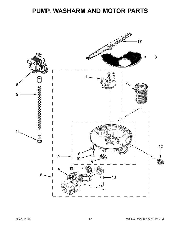 PUMP, WASHARM AND MOTOR PARTS Diagram and Parts List for IUD8100YS2  Whirlpool Dishwasher