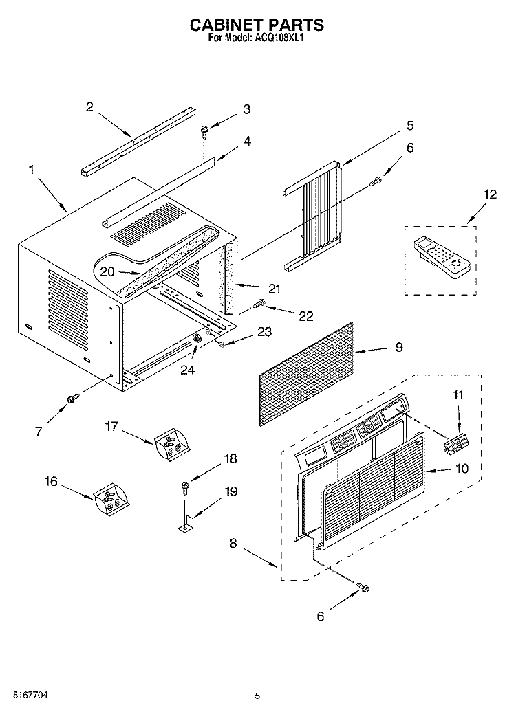 CABINET PARTS Diagram and Parts List for ACQ108XL1  Whirlpool Air Conditioner
