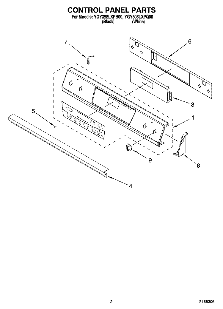 CONTROL PANEL PARTS Diagram and Parts List for YGY398LXPQ00  Whirlpool Range