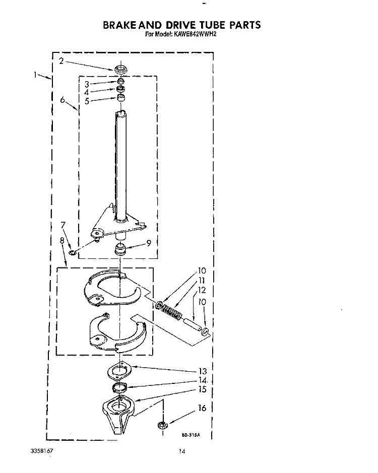 BRAKE AND DRIVE TUBE Diagram and Parts List for KAWE842WAL2  Whirlpool Washer