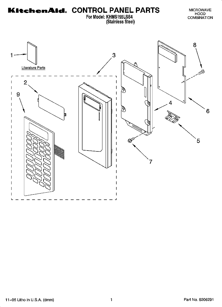 CONTROL PANEL PARTS Diagram and Parts List for KHMS155LSS4  KitchenAid Microwave