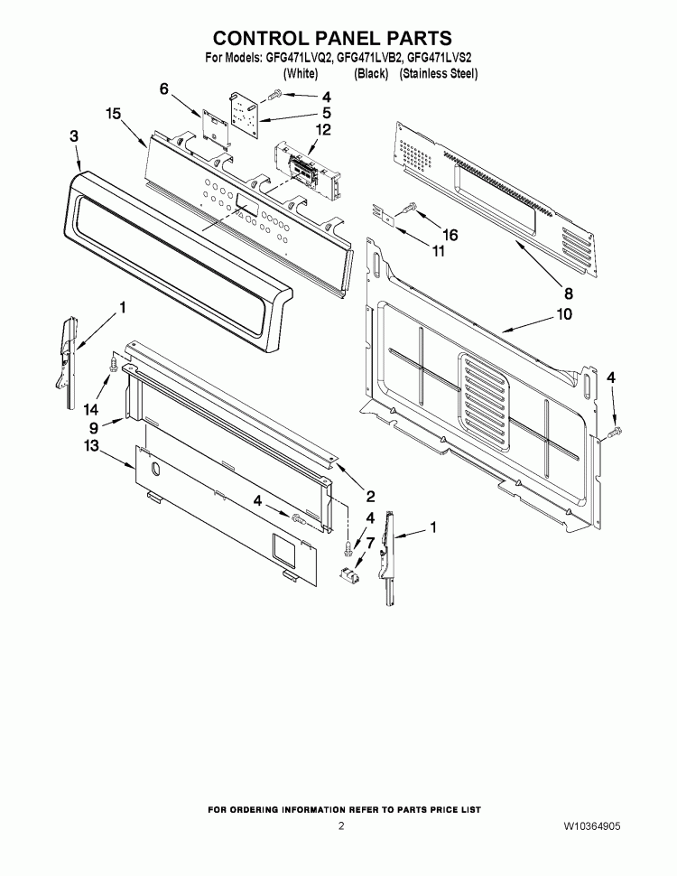 CONTROL PANEL PARTS Diagram and Parts List for GFG471LVB2  Whirlpool Range