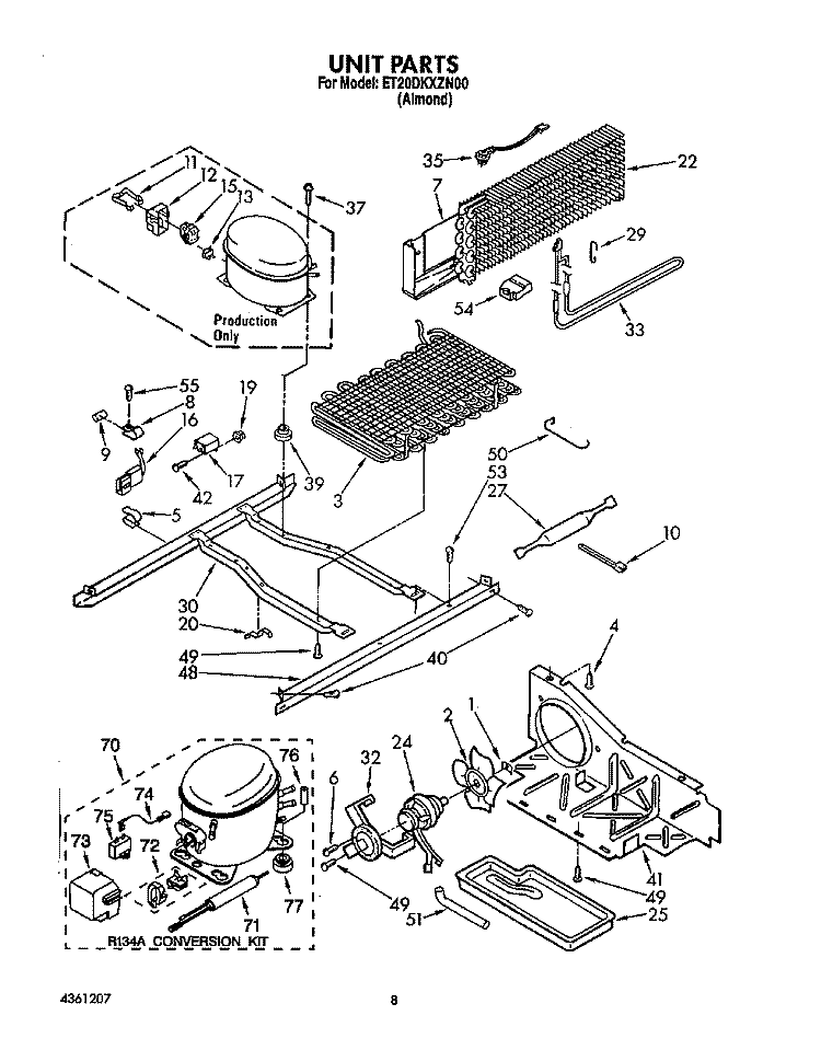 UNIT Diagram and Parts List for ET20DKXZN00  Whirlpool Refrigerator