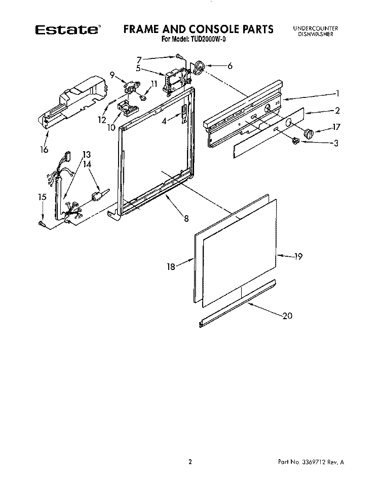 FRAME AND CONSOLE Diagram and Parts List for TUD2000W0  Whirlpool Dishwasher