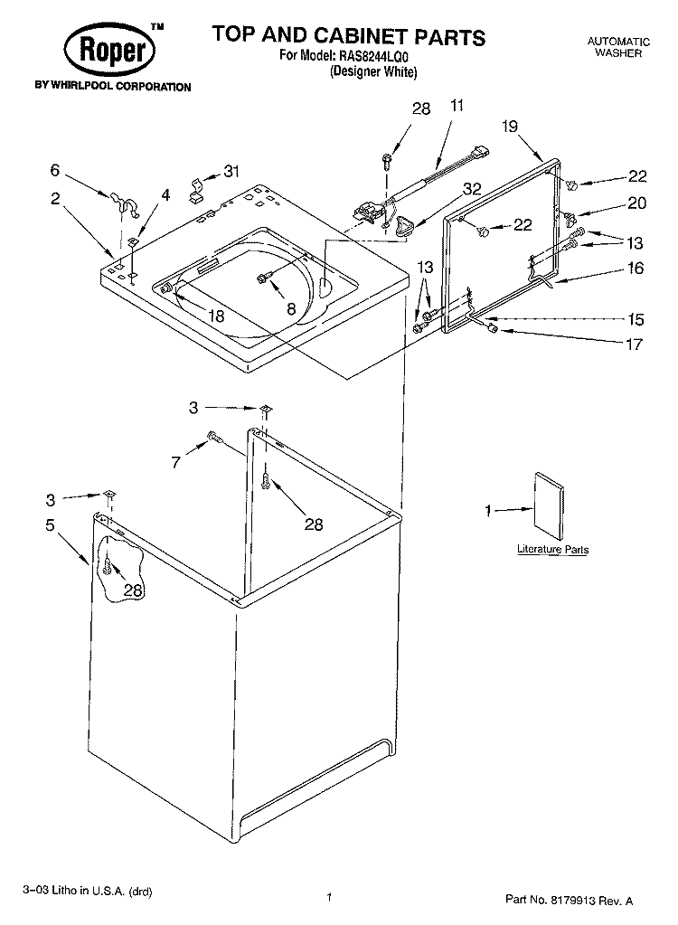 TOP AND CABINET PARTS Diagram and Parts List for RAS8244LQ0  Roper Washer