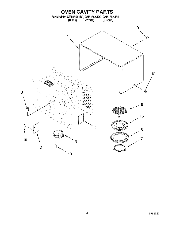 OVEN CAVITY Diagram and Parts List for GM8155XJB0  Whirlpool Microwave